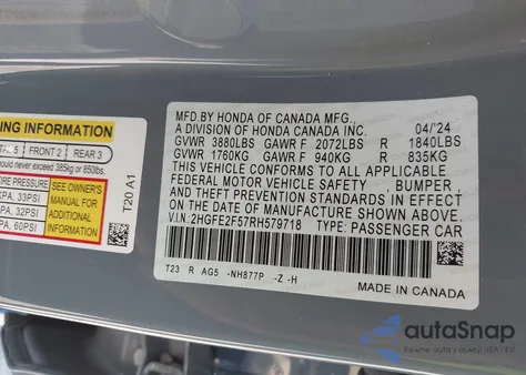 2024 Honda Civic Sport из США, поврежденный, VIN 2HGFE2F57RH579718